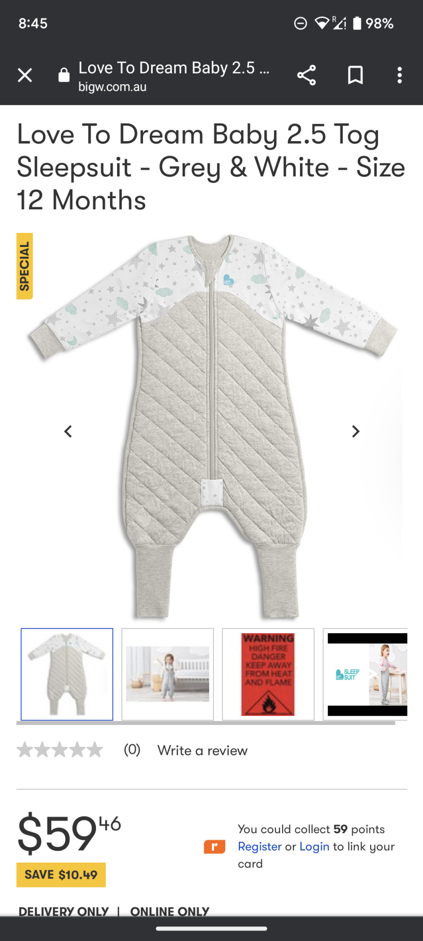 Love To Dream Baby 2.5 Tog Sleepsuit - Grey & White - Size 12 Months