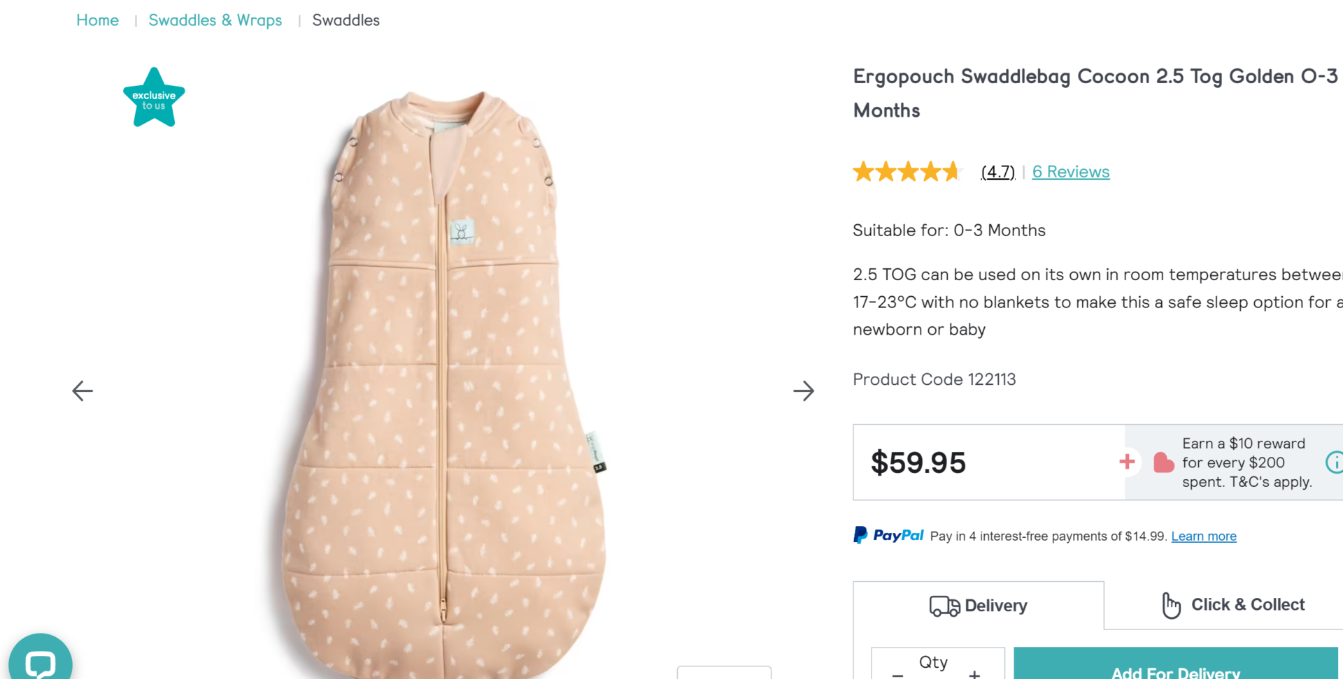 Ergopouch Swaddlebag Cocoon 2.5 Tog Golden 0-3 Months