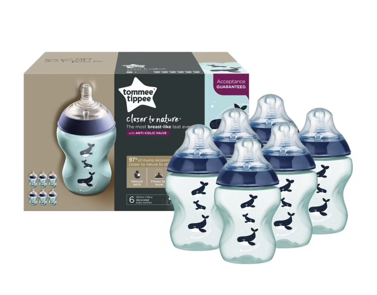 Tommee Tippee Closer To Nature Deco Bottle - 260ml - Boy - 6 Pack