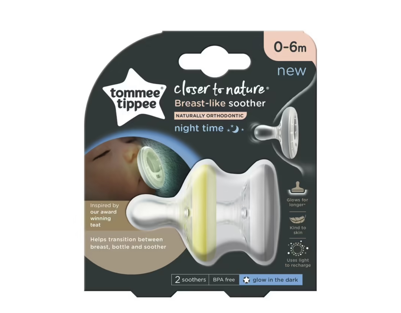 Tommee Tippee Closer To Nature Soother - Breast Like - Day & Night - 0-6 Months - 2 Pack