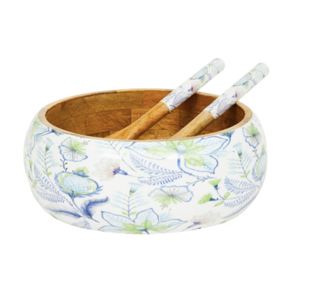 3 Piece Blue Mango Wood Salad Bowl Set