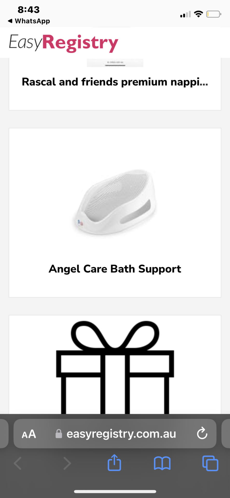 Angel care bath support