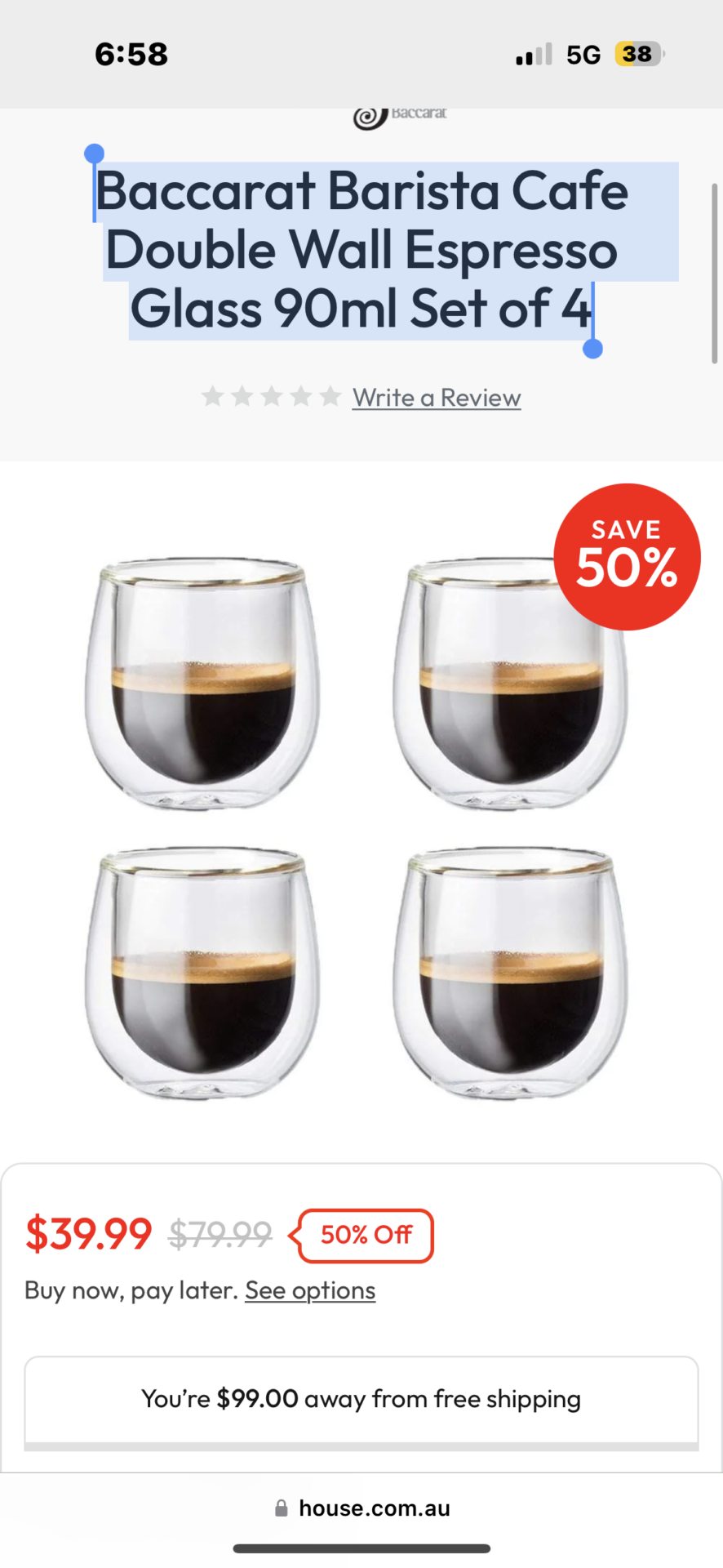 Baccarat Barista Cafe Double Wall Espresso Glass 90ml Set of 4