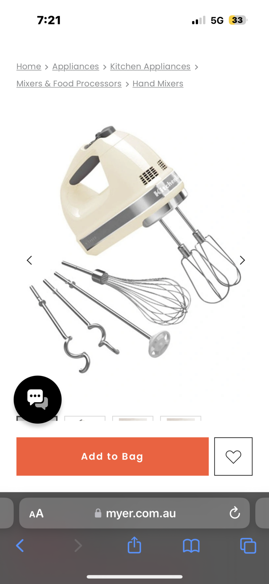 Kitchen Aid Artisan 9 Speed Hand Mixer in Almond Cream