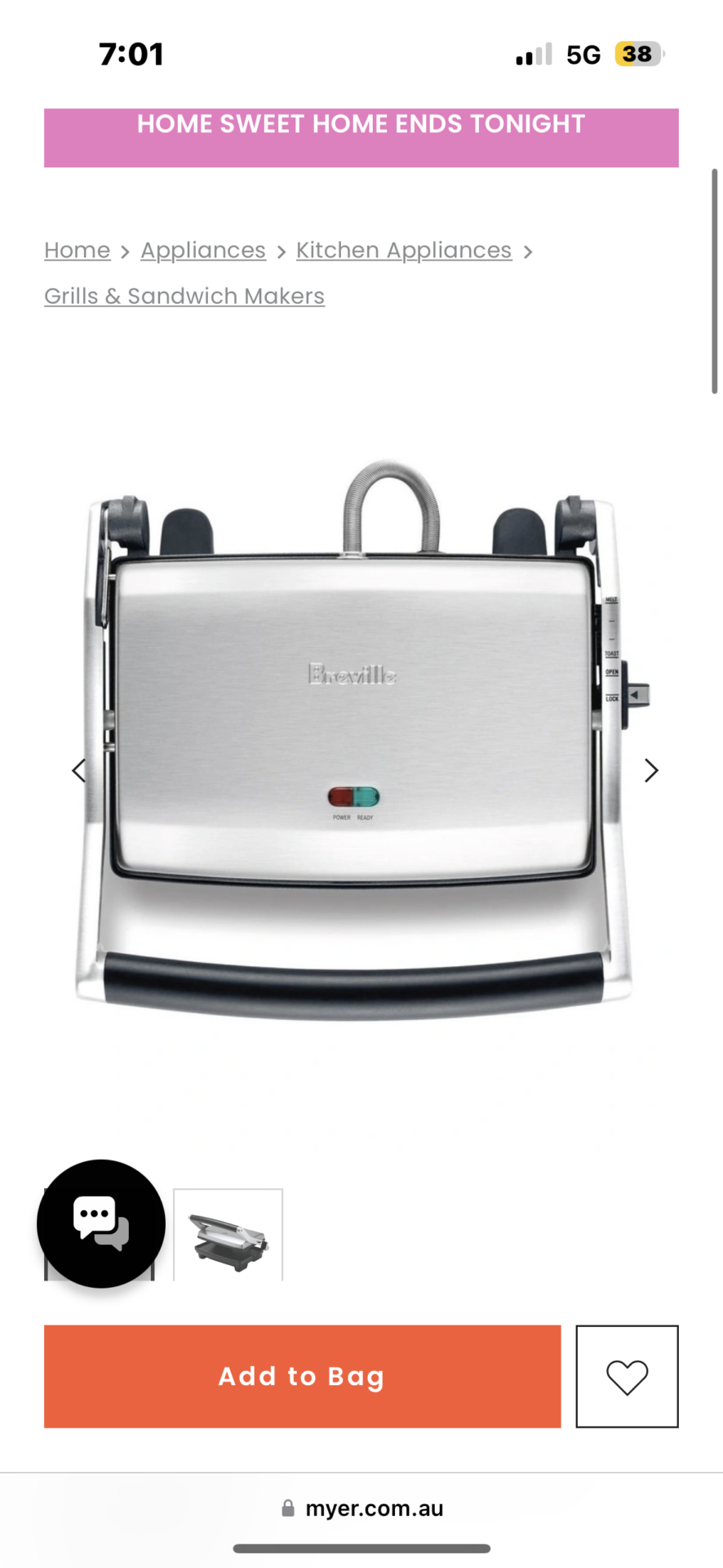 Breville The Toast & Melt 2 Slice Sandwich Press Brushed Stainless Steel