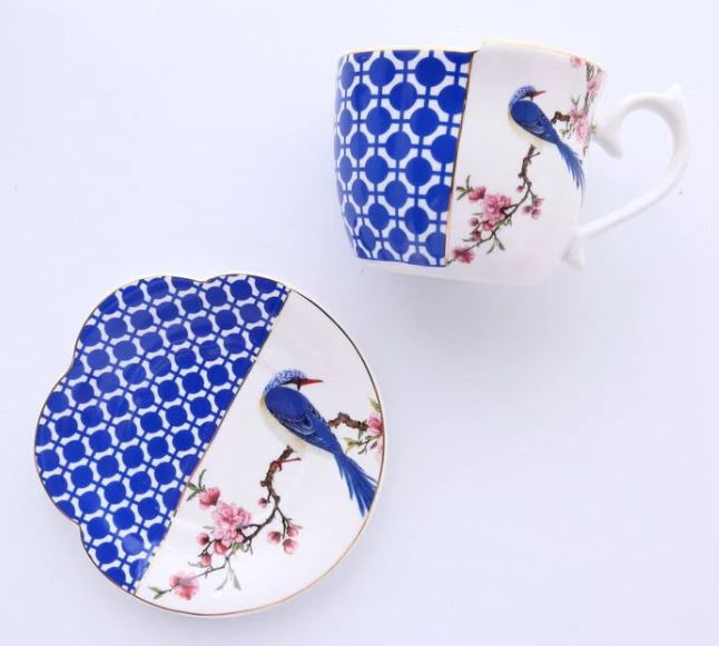 Half and Half Teacup and Saucer Blue Lattice