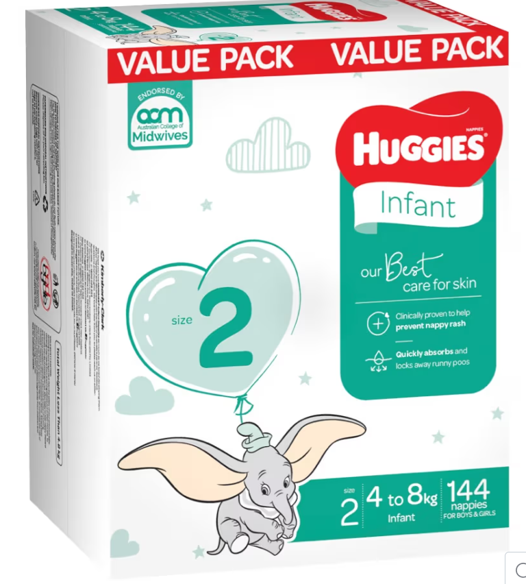 BEST BUY  Zoom Huggies Nappies Mega Infant Size2 - 144 Pack