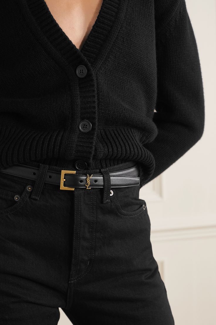 Leather belt black with gold hardware