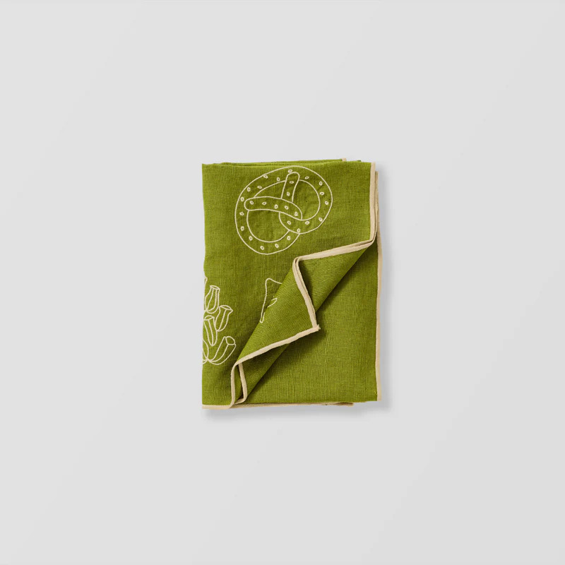 IN BED | Embroidered Linen Tea Towel in Pickle