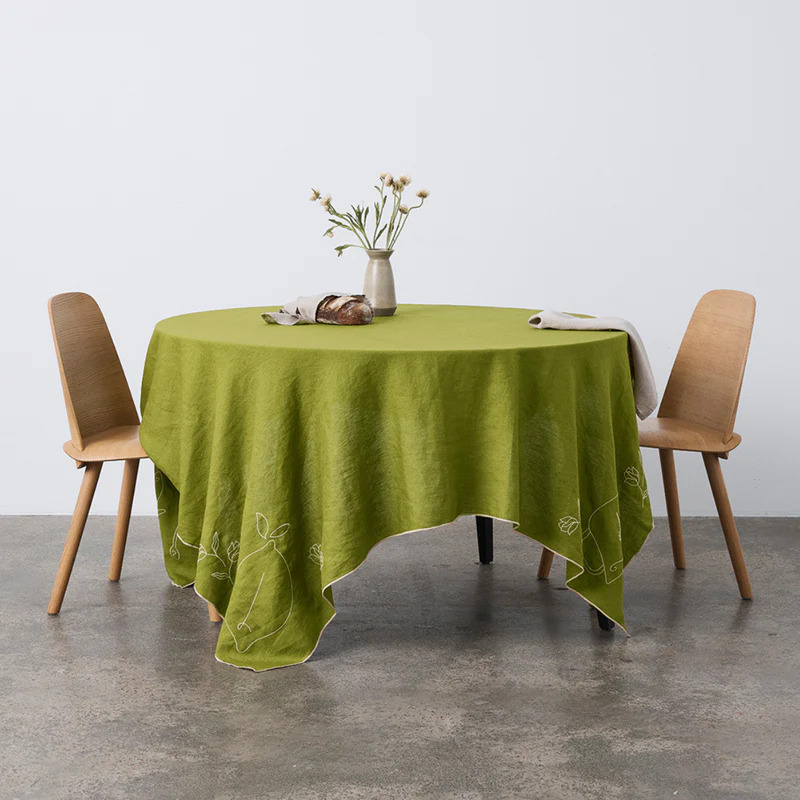 IN BED | Embroidered Linen Table Cloth in Pickle