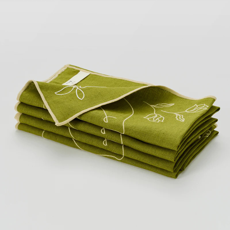 IN BED | Embroidered Linen Napkin Set in Pickle