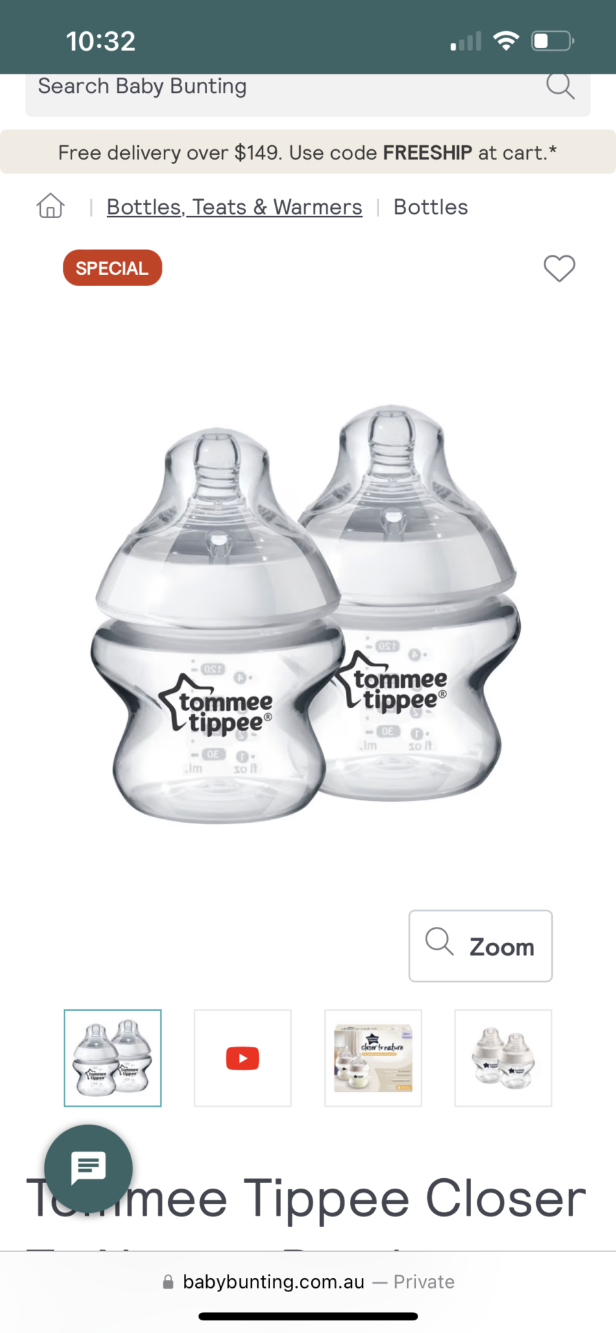 Tommee Tippee Closer To Nature Bottle- 150ml - 2 Pack