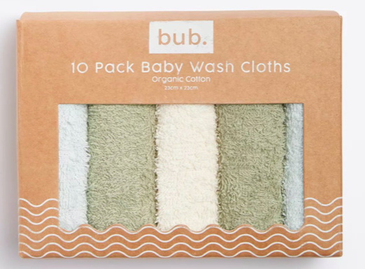 Target - 10 Pack bub. Organic Cotton Baby Wash Cloths - Blue + Green