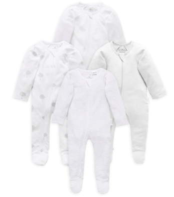 Pure Baby Pale Grey 4 Pack Zip Growsuit