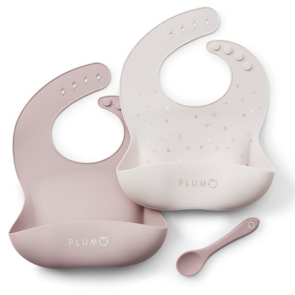 PLUM Silicone Bibs and Spoon Set 3pc Berry/Blush Pink