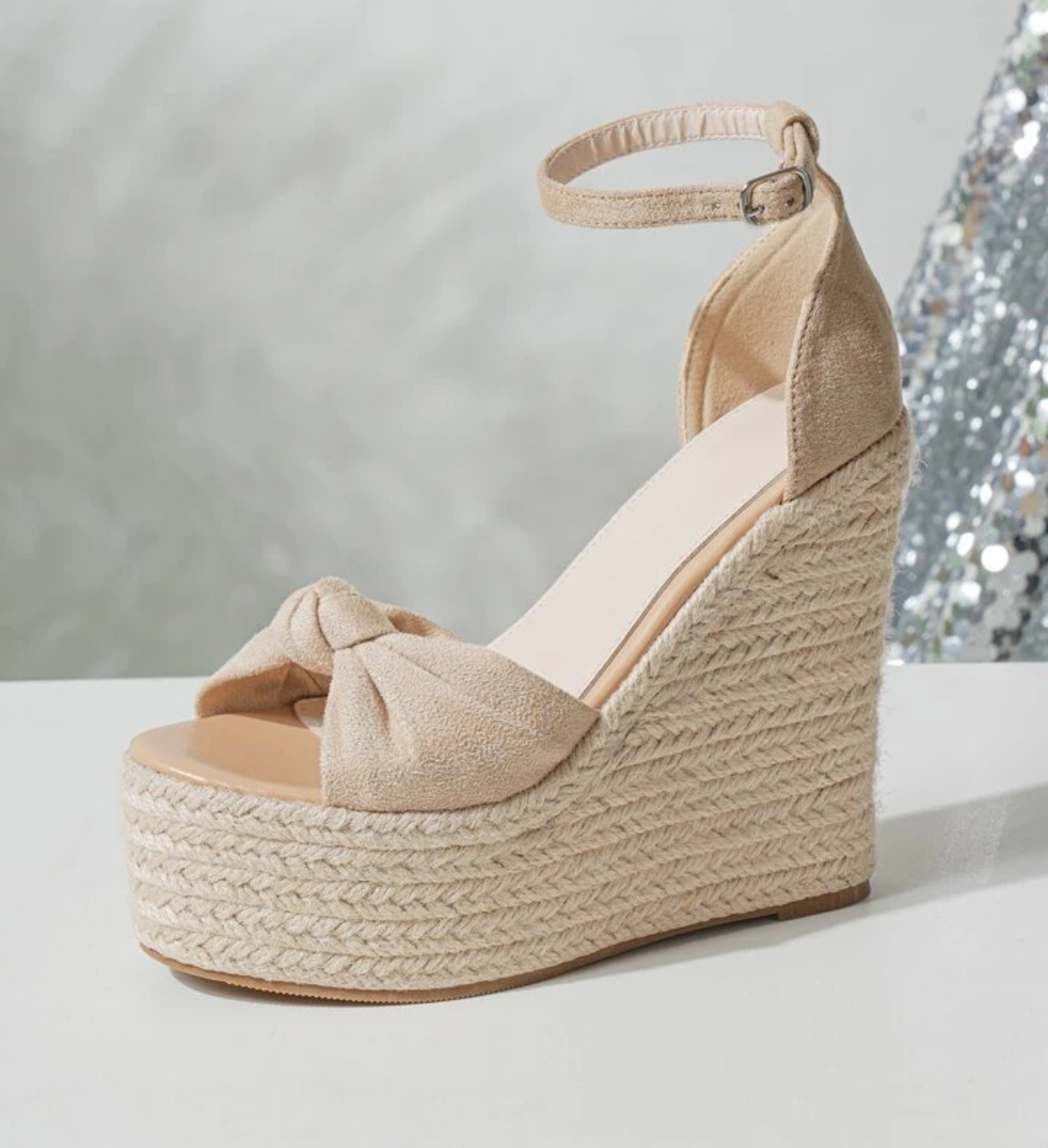 Women Beige Knot Detail Sandals, Open Toe Ankle Strap Wedge Sandals For Vacation