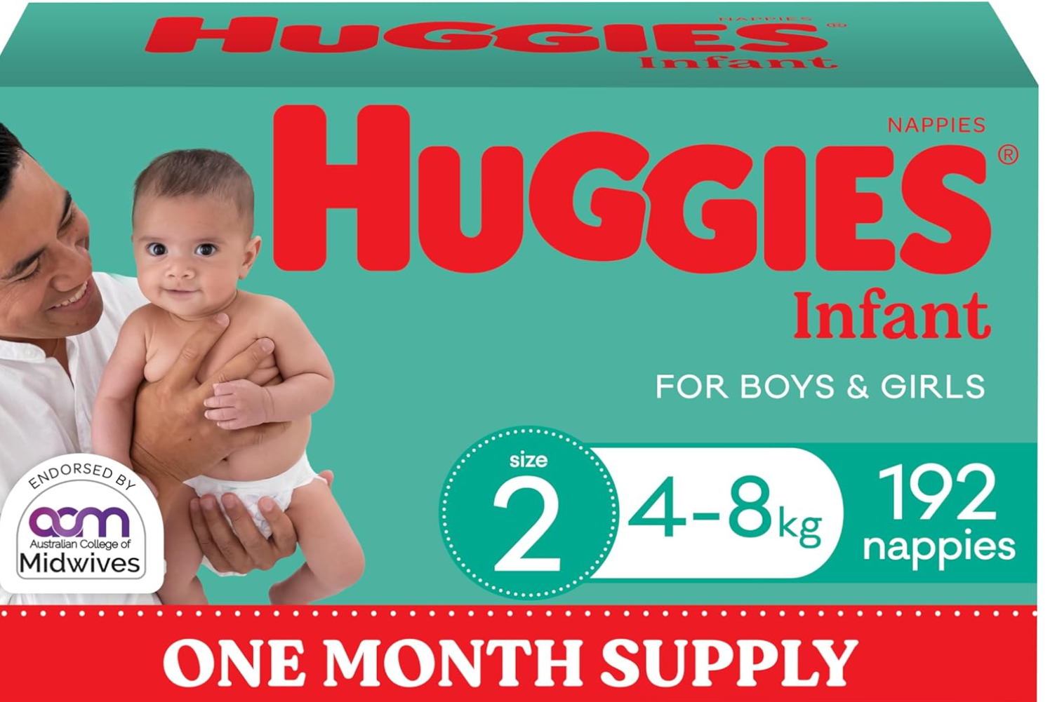 Huggies Infant Nappies Size 2 (4-8kg) 192 Count - One Month Supply (Packaging May Vary)