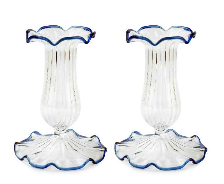 Set-Of-Two Small Scalloped Glass Candle Stick Holders