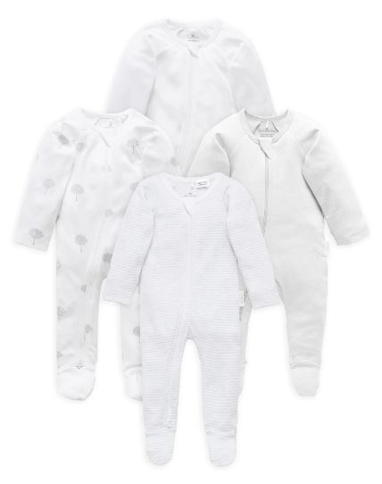 Purebaby Pale Grey 4 Pack Zip Growsuit