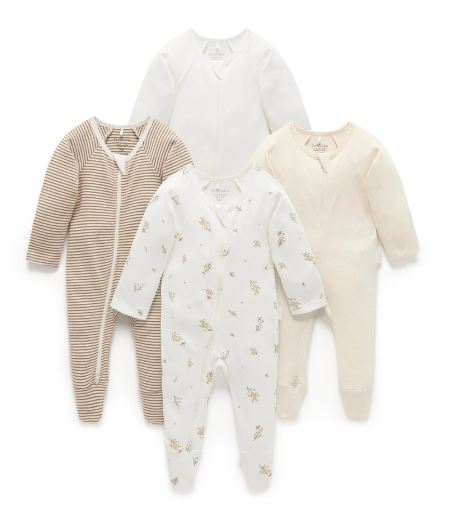 Purebaby Vanilla Wattle Bee 4 Pack Zip Growsuit