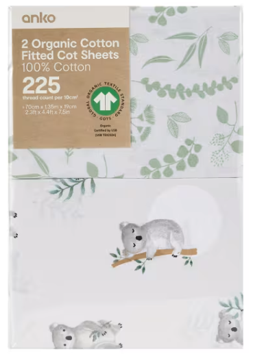 2 Organic Cotton Fitted Cot Sheets - Koala Print