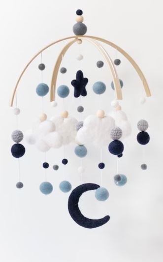 Navy Blue and Grey Boy Cloud and Moon Baby Mobile