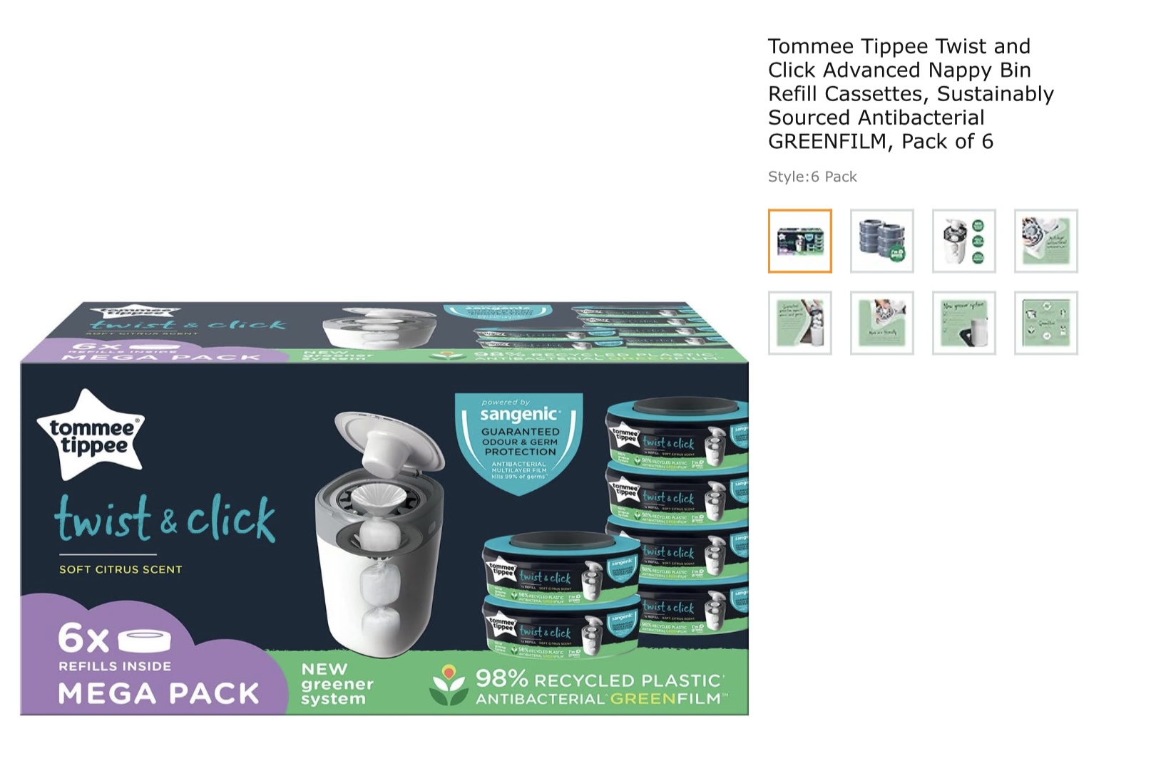 Tommee Tippee Twist and Click Advanced Nappy Bin Refill Cassettes, Sustainably Sourced Antibacterial GREENFILM, Pack of 6