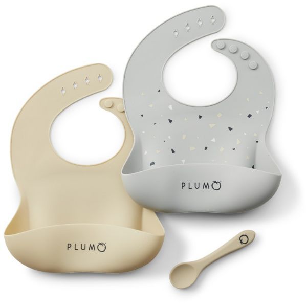 PLUM Silicone Bibs and Spoon Set 3pc Ash/Sand