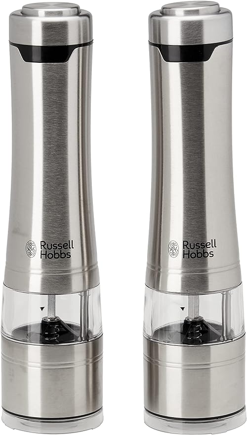 Russell Hobbs RHPK4000 Salt And Pepper Mills, Electric Grinders, One Touch Operation, Brushed Silver