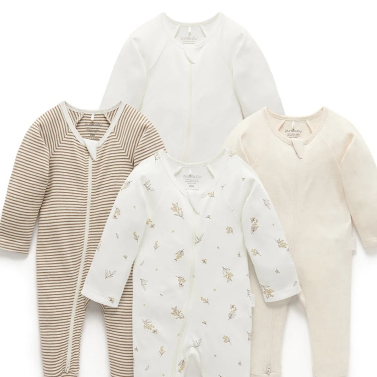 Purebaby Organic Zip Growsuit 4 Pack - Vanilla Wattle Bee