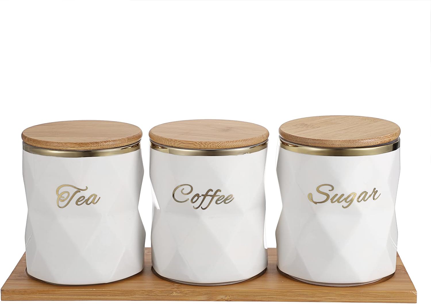 JUXYES Set of 3 Ceramic Canisters Set for Sugar Coffee Tea, Luxurious Storage Containers Sets with Lids Decorative Storage Pots Black Ceramic Storage Jar for Kitchen Counter Dining Room, Gold,White