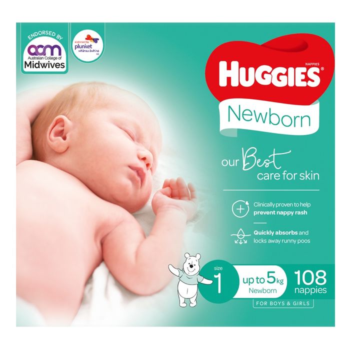 Huggies Newborn Nappies Size1 (Up To 5Kg) - 108 Pack