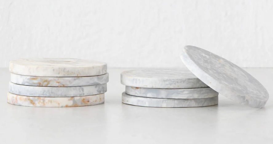 HADLEY OVAL RESIN COASTER | SET OF 8 | MARBLED STEEL + SAND