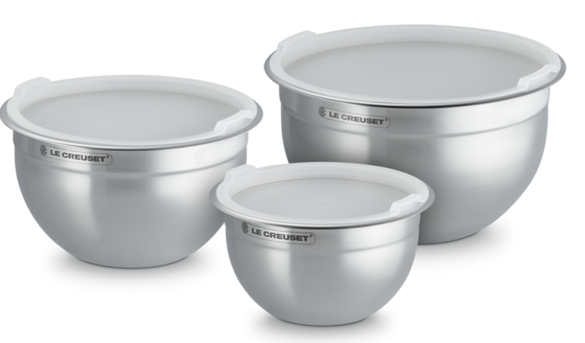 Le Creuset .Set of 3 Stainless Steel Mixing Bowls with Lids