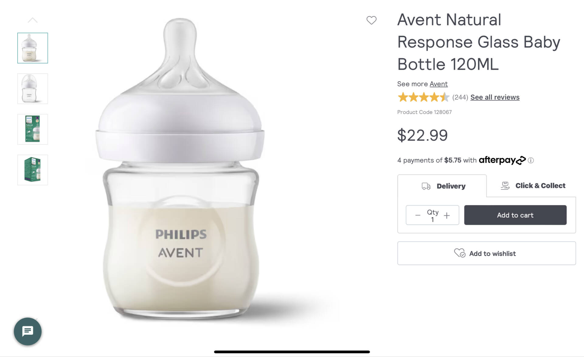 Avent Natural Response Glass Baby Bottle 120ML