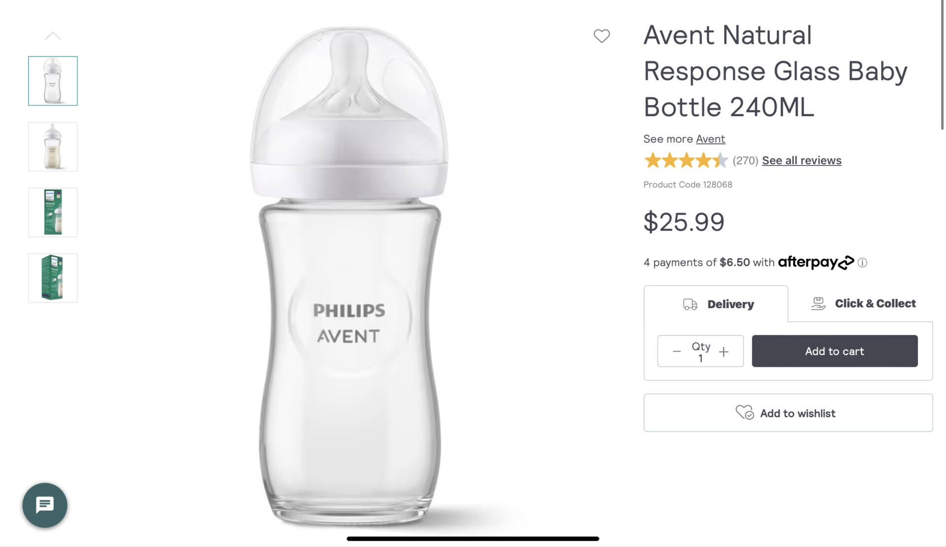 Avent Natural Response Glass Baby Bottle 240ML