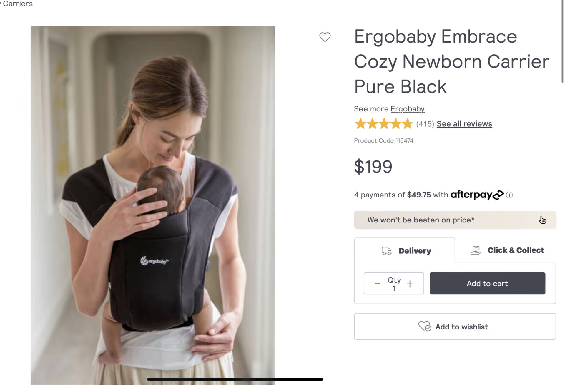 Ergobaby Embrace Cozy Newborn Carrier Pure Black