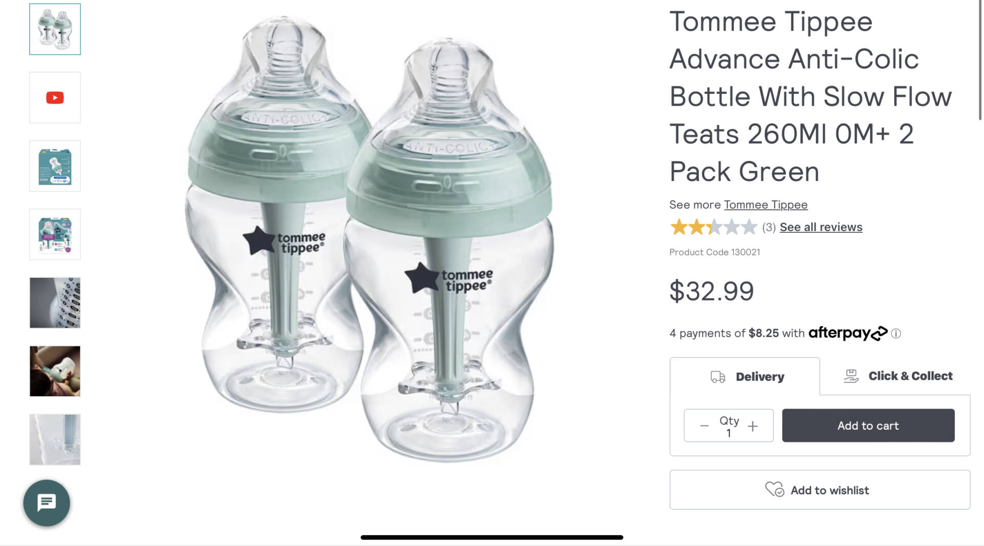 Tommee Tippee Advance Anti-Colic Bottle With Slow Flow Teats 260Ml 0M+ 2 Pack Green