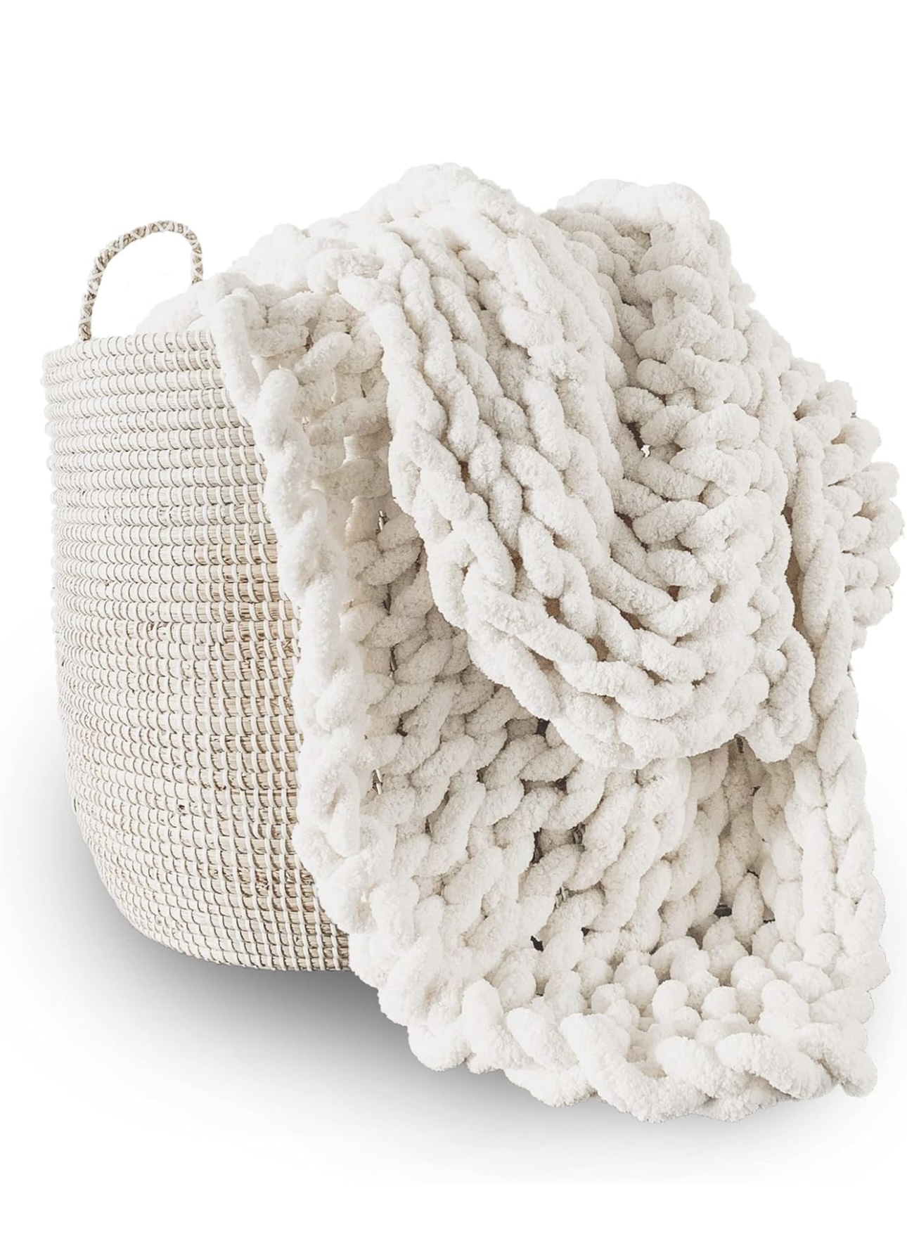 Adyrescia Chunky Knit Blanket Throw | 100% Hand Knit with Jumbo Chenille Yarn (50"x60", Cream White)