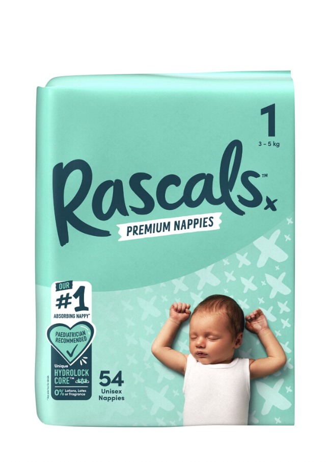 Rascals Premium Nappies Size 1 (3-5kg) | 54 pack