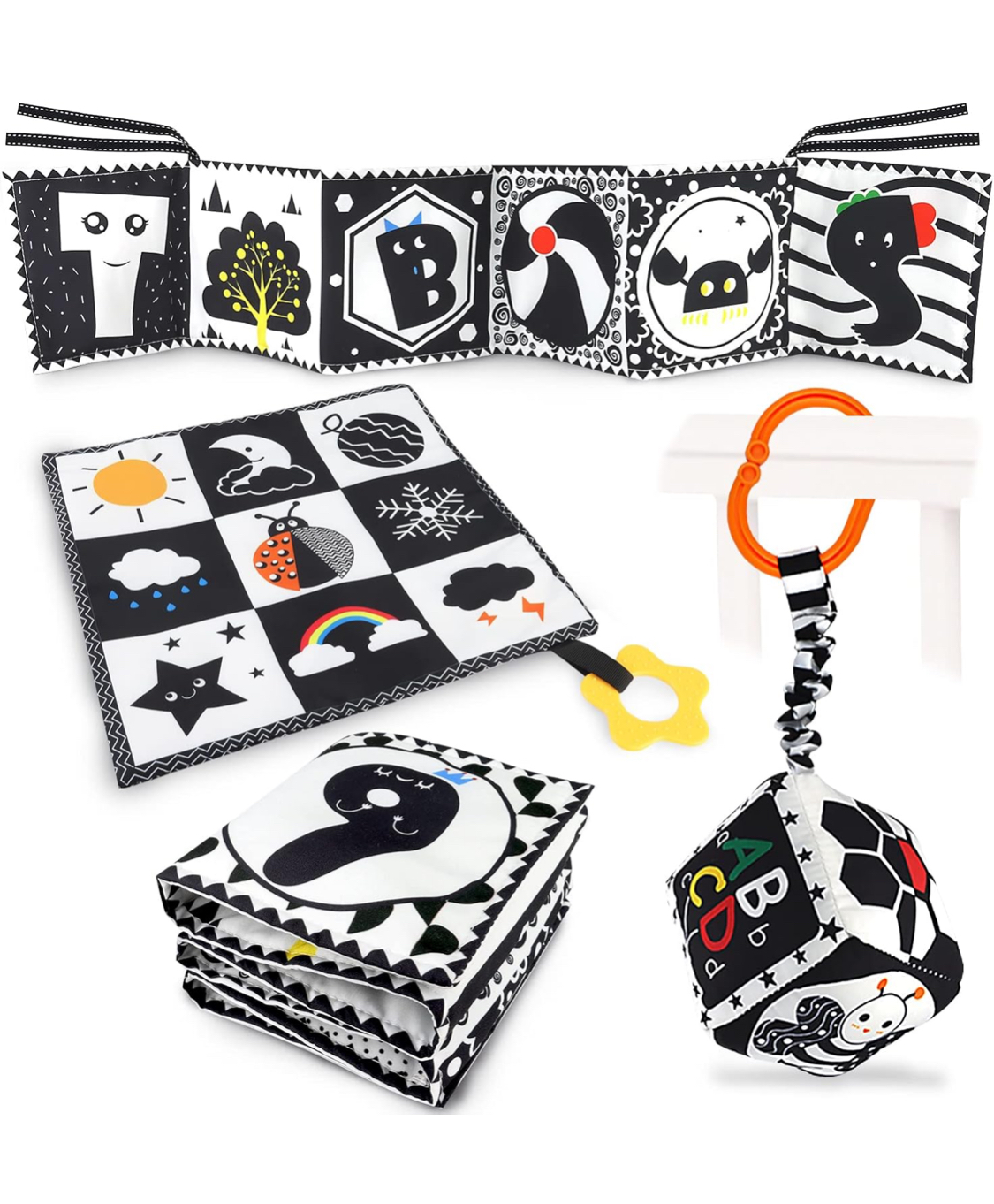 Black and white, high contrast baby toys