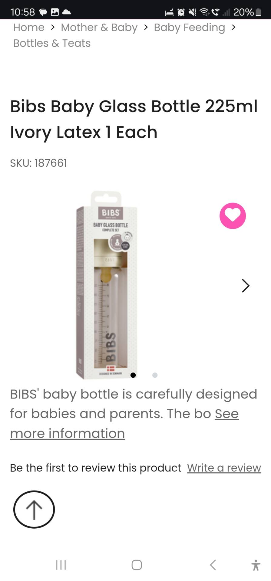 Bibs Baby Glass Bottle 225ml Ivory Latex