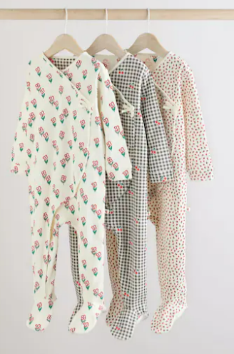 Cream/Red Popper Baby 100% Cotton Sleepsuits 3 Pack (0mths-2yrs)