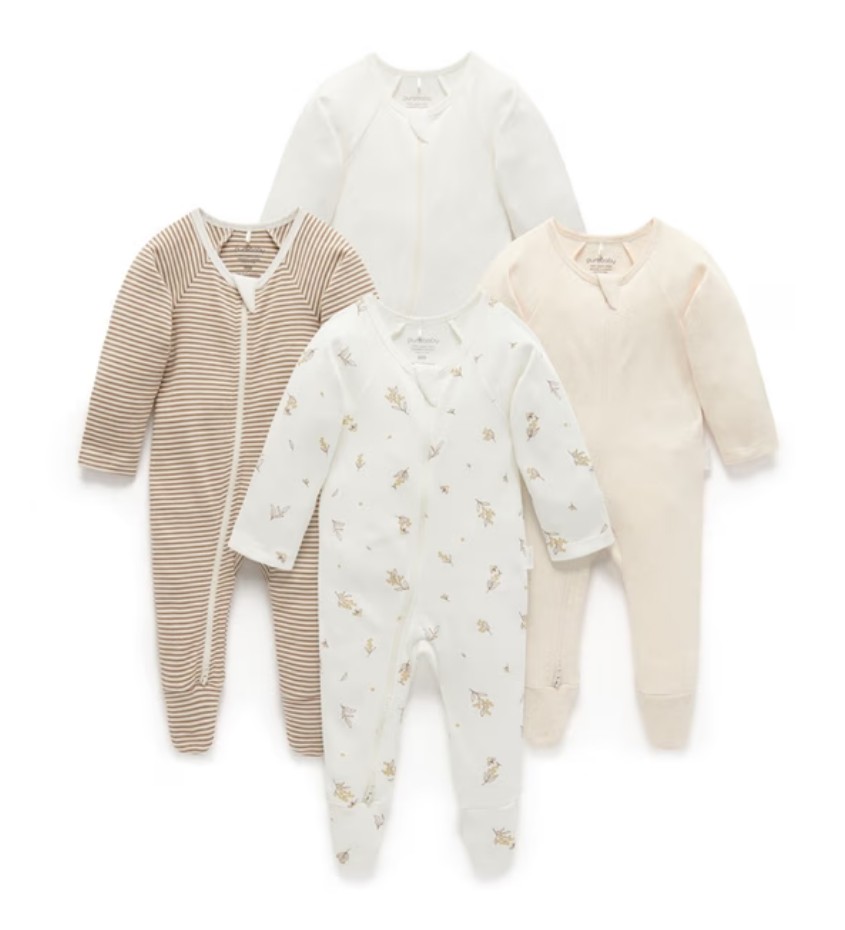 Purebaby 4 Pack Zip Growsuit Wattle Bee