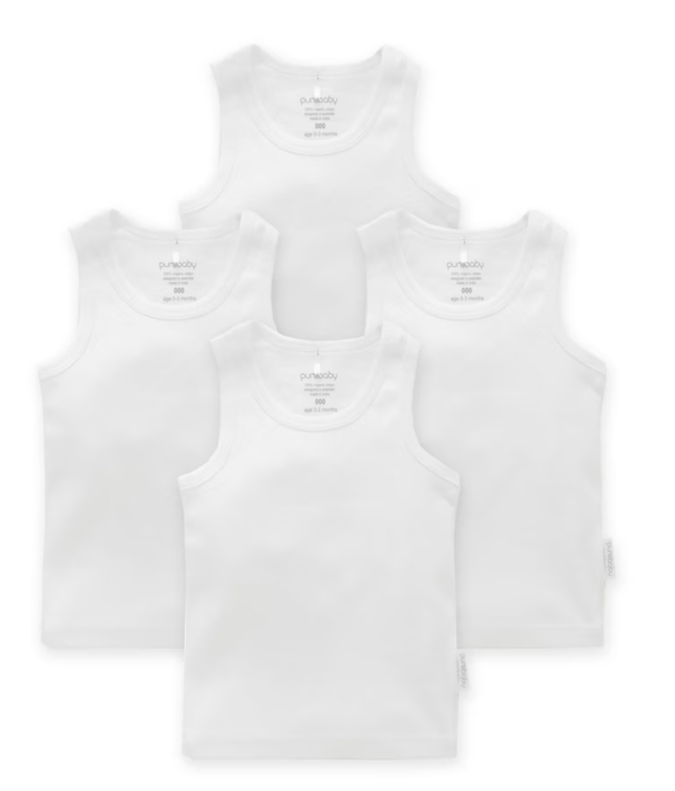 Purebaby Rib Singlet - White 4 Pack