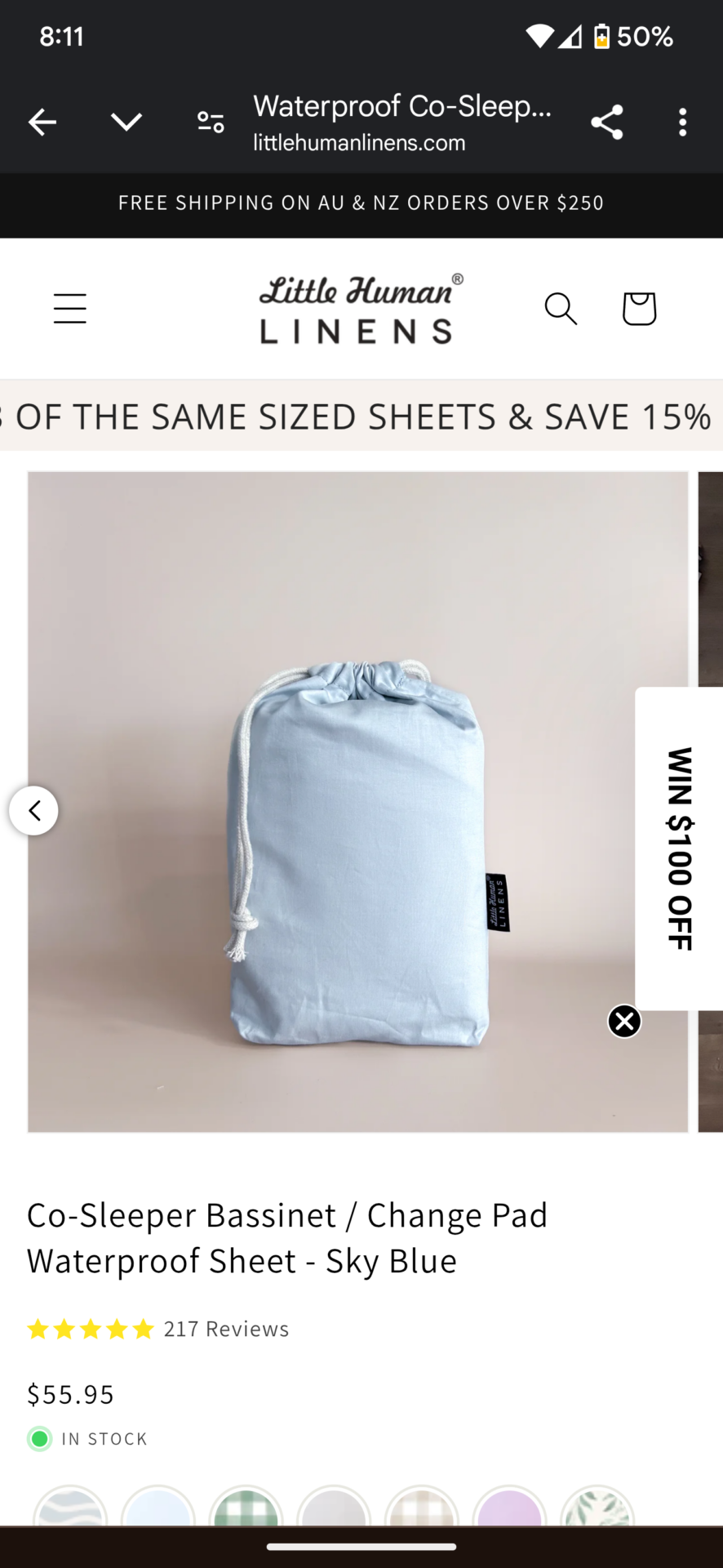 Little Human Linens Co-Sleeper Bassinet / Change Pad Waterproof Sheet - Sky Blue