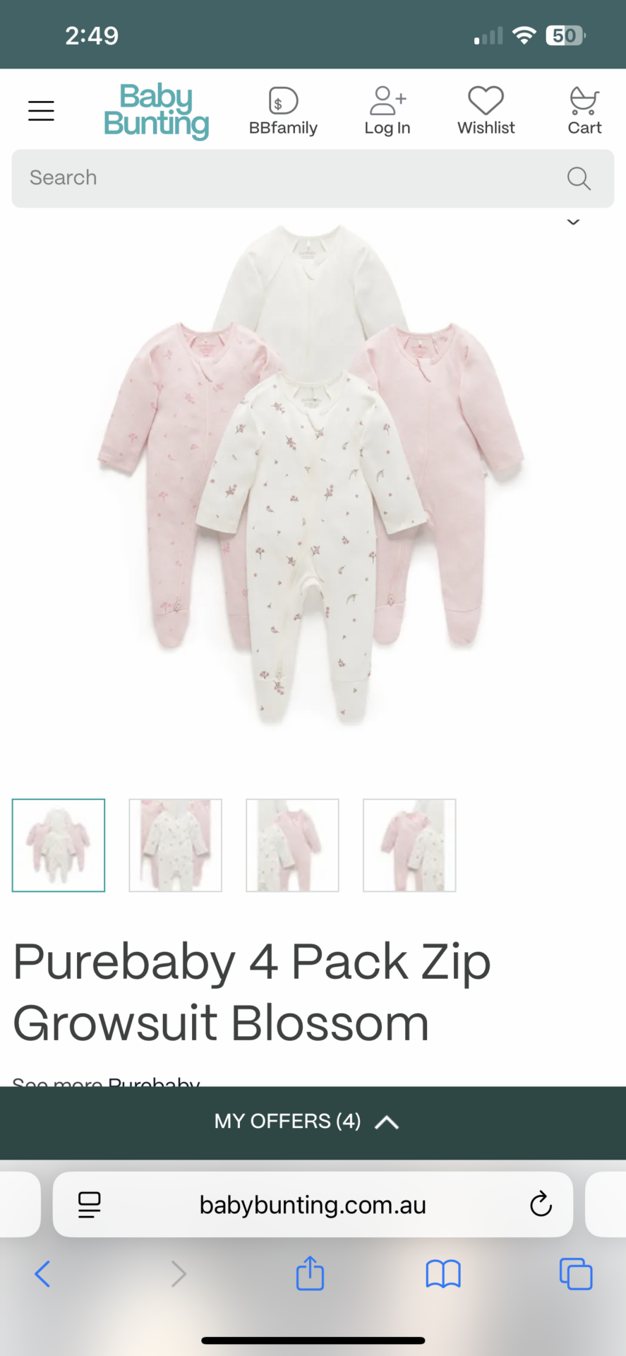 Purebaby growth suit 4 pack