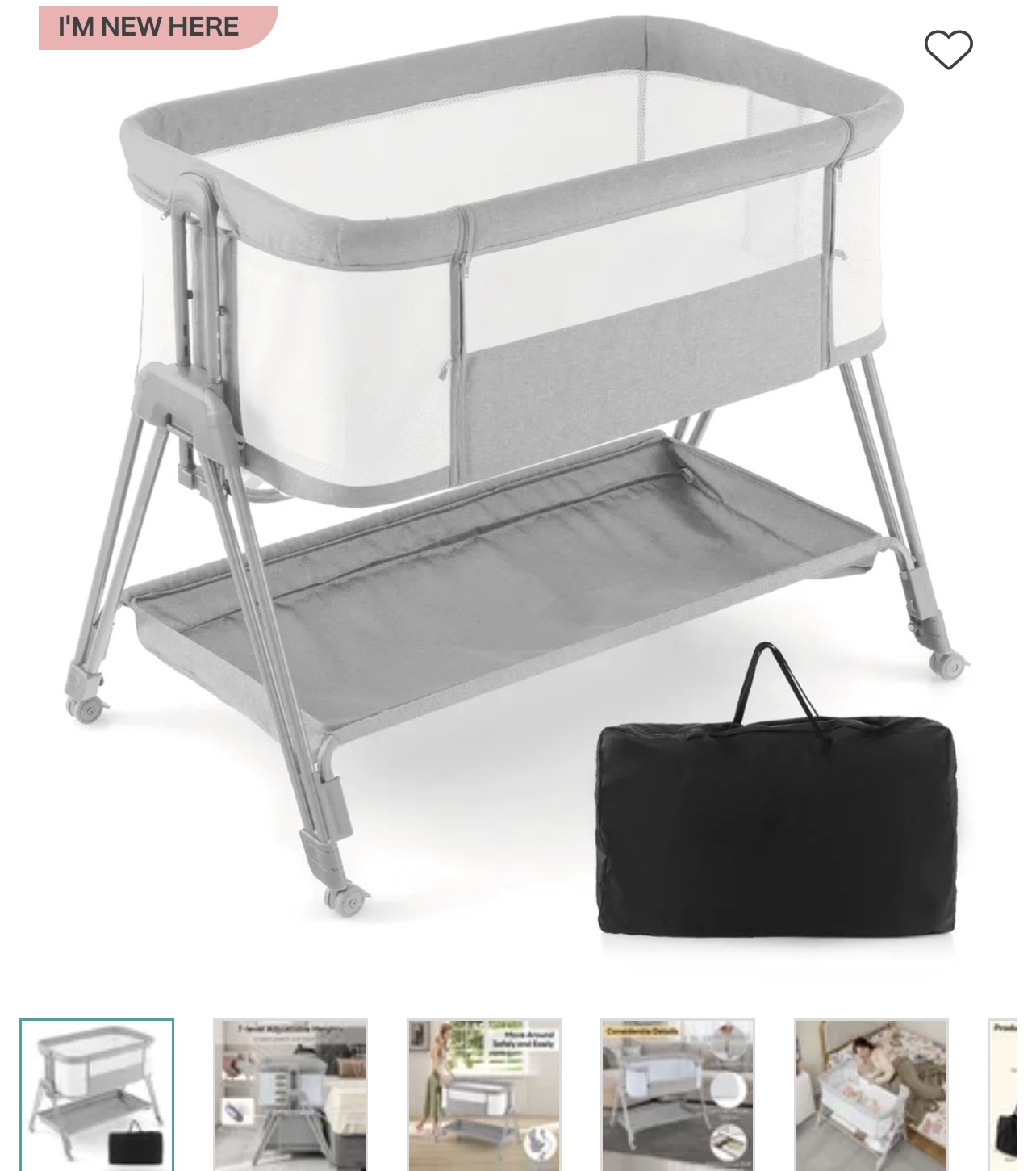 Baby Joy Bassinet Bedside Sleeper w/ 7 Adjustable Heights & Mattress with Travel Bag - Grey
