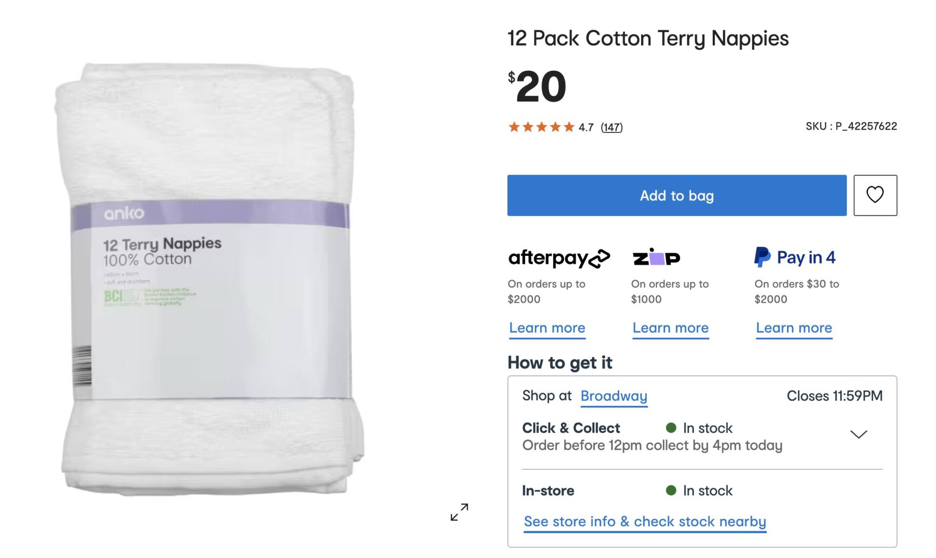 12 Pack Cotton Terry Nappies