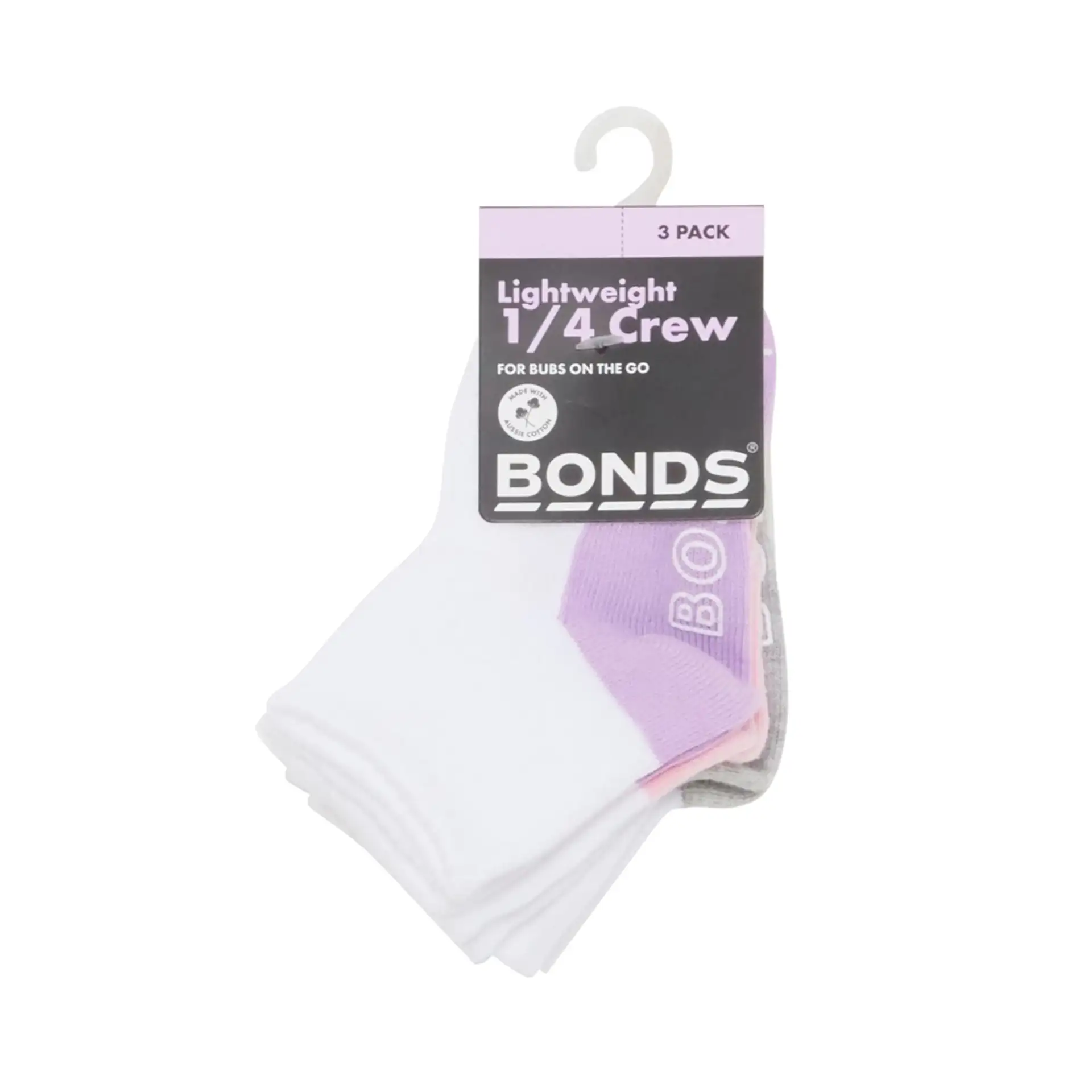 Bonds 3 Pack Socks Quarter Crew Pink/Grey/Purple $8.39